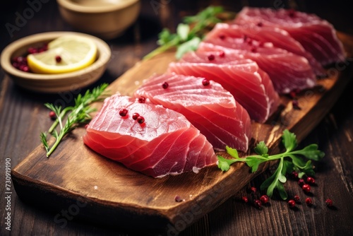 Fresh raw Tuna fillet steak and sashimi on wooden board background, delicious food for dinner, healthy food photo