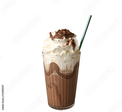 Delicious chocolate and cream frappuccino on white or transparent cutout background