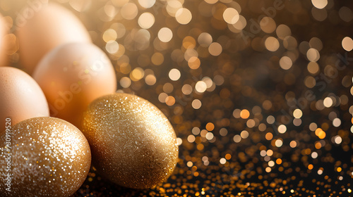 Golden Glitter Easter Eggs on Sparkling Background Festive Holiday Decoration