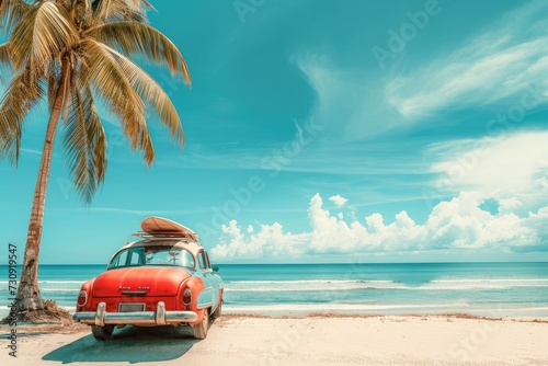 An old car parked on a tropical beach with a surfboard on the roof. © Lubos Chlubny