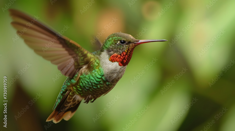 Fototapeta premium Ruby-throated Hummingbird in Flight with Natural Green Background