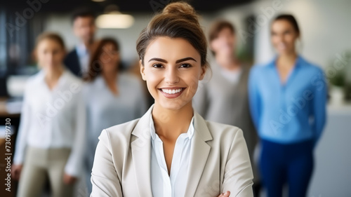 Leadership businesswoman boss stand in front of a teamwork