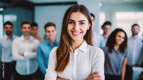 Leadership businesswoman boss stand in front of teamwork