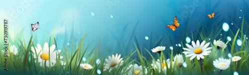 A Happy easter day banner, Easter eggs in meadow with blurred background