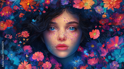 Abstract fantasy concept art , Paint, abstract, texture, water-colour, flowers, eyes, beautiful girl painting.