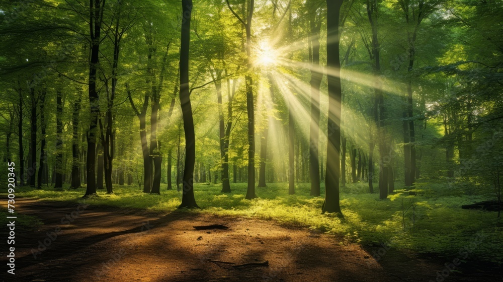 Fototapeta premium Morning in a forest with rays of the bright sun. Beautiful summer landscape of clean woods with sunbeams and rays of light flashing through the trees. Ecology and environment concept.