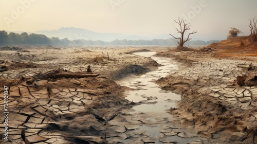 Dry river with dead trees in the arid areas. Desert landscape with dry bushes and broken ground. Draught period in the African terrain at sunset. Dry river in the desert at sunset. Global worming.