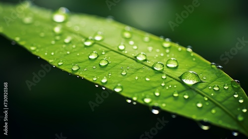Green leaves with water drops Close-up. Macro shot of morning dew drops on fresh green leaf. Nature and ecology concept. Natural background. One leaf with tiny raindrops on it.