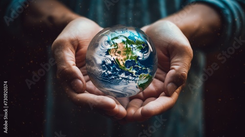 Human hands holding planet earth. Ecology, and environment concept. Closeup shot of hands carrying our bright miniature globe. Person in a studio holding the world in arms. Care for the planet.