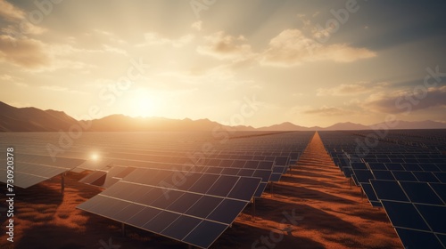 solar panels at sunset with mountains and sun in the sky. solar energy panels collecting sun power in the desert. 3d render of mega solar power plant. Sustainable green energy concept.