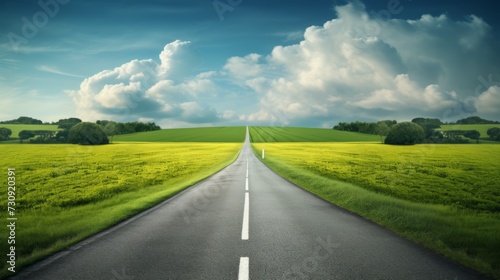 Long clear Asphalt road with clouds and sky, natural background. Rural asphalt road through green fields with a blue sky. Long empty straight lane.