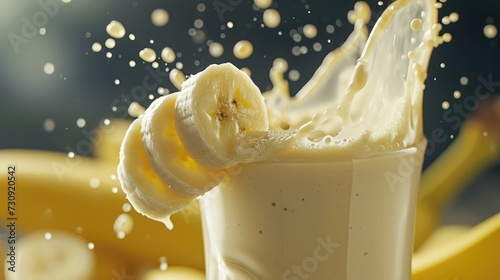 Banana glass smoothie milkshake background with bananas