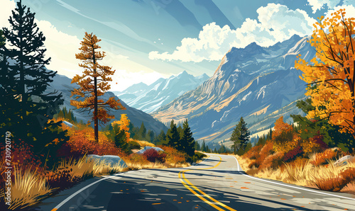 Scenic Autumn Journey: Majestic Mountains and Tranquil Forests Along the Canadian Highway photo