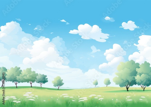 Serene Pastoral Landscape: Lush Green Trees and Fluffy Clouds - Generative AI