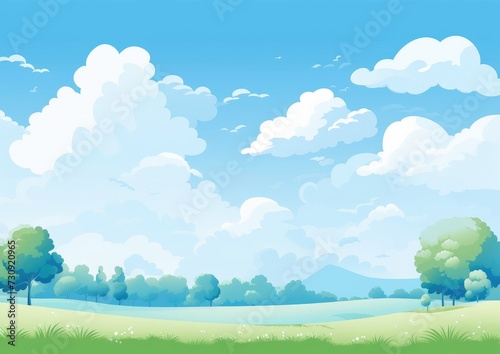 Serene Pastoral Landscape  Lush Green Trees and Fluffy Clouds - Generative AI