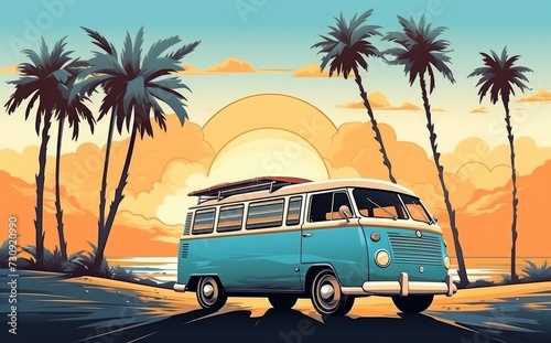 Retro Van by the Beach at Sunset  Tropical Surf Lifestyle - Generative AI