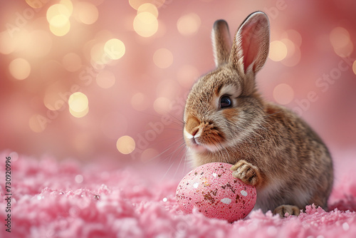 cute easter bunnies with eggs, pink background and copy space 