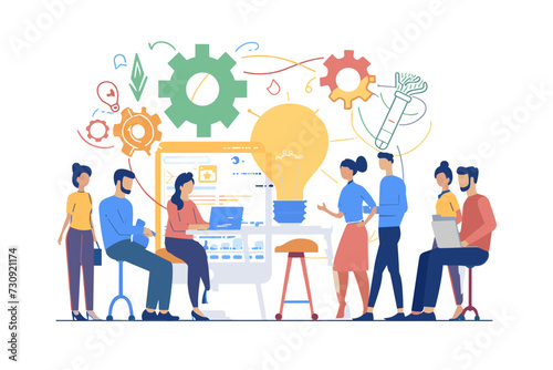 Team Collaboration and Project Management, Business People Working Together, Sharing Ideas and Solutions, Vector Illustration
