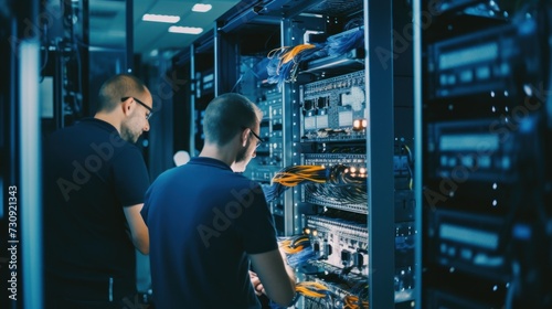 IT specialists at server room, repair servers