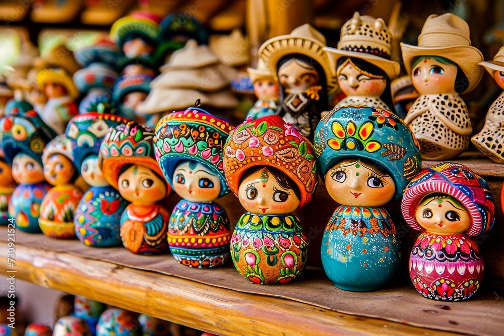Colorful hand-painted traditional Mexican dolls on display at a souvenir market, showcasing vibrant craftsmanship.