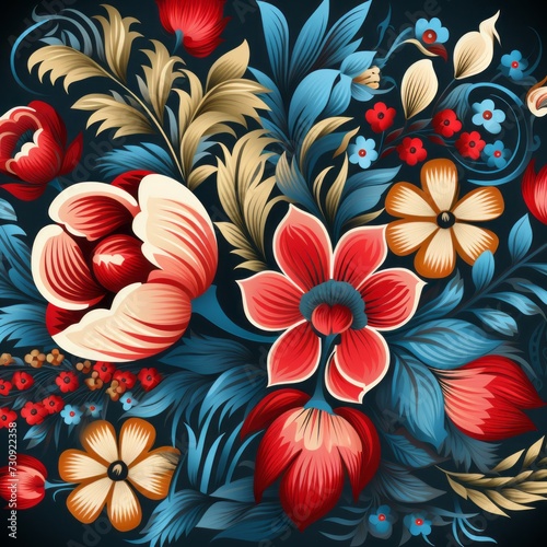 Floral background Ukrainian folk style. Petrikovskaya painting Ukrainian style with blue  red flower ornament on dark background. National motives. Template for wallpapers and screen savers.