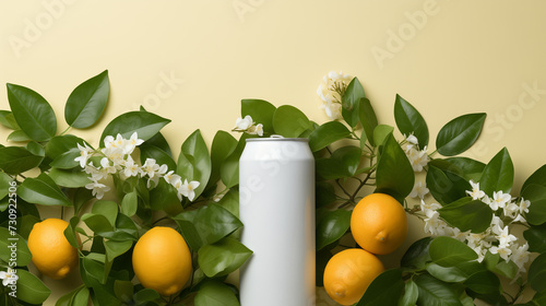 white mockup bottle with greenery on color background