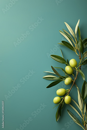 olive branch with green olives on color background