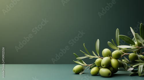 olive branch with green olives on color background