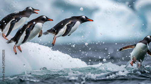 Penguins jumping into water.  photo