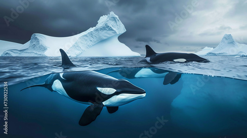 Killer whales under water. 