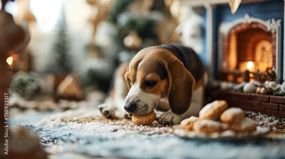 Beagle munching on a biscuit, capturing the innocence and playfulness, arranged on a dollhouse-inspired pet-friendly scene