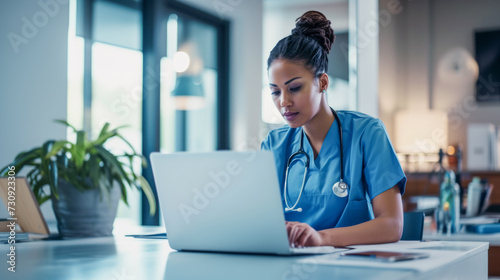Attentive nurse in scrubs reviewing medical history or patient information on her laptop in clinic office - Science and hospital work concept photo