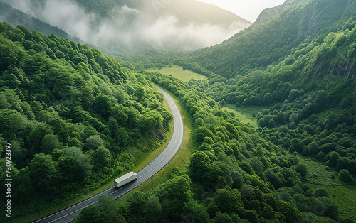caminhão está dirigindo em uma estrada sinuosa que atravessa uma floresta verdejante e montanhas photo