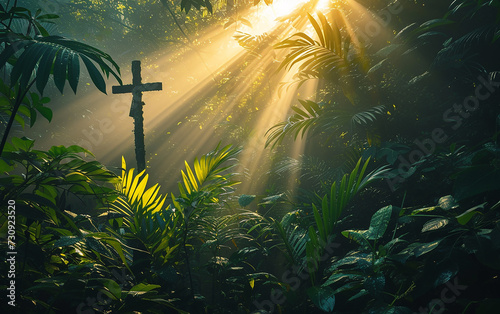 Raios solares brilhando na selva  cruz  conceito religioso