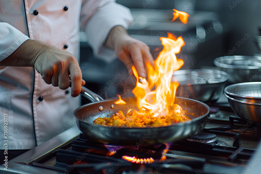 Chef in restaurant kitchen at stove with pan, doing flambe on food Chef in restaurant kitchen at stove with pan, doing flambe on food