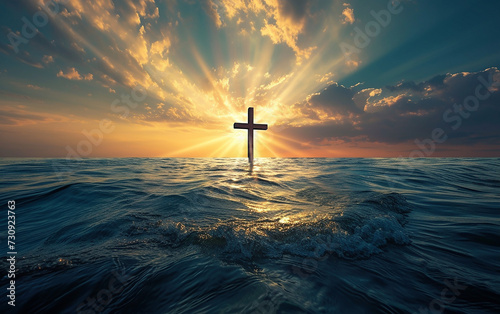 Raios solares brilhando no oceano, cruz, conceito religioso photo