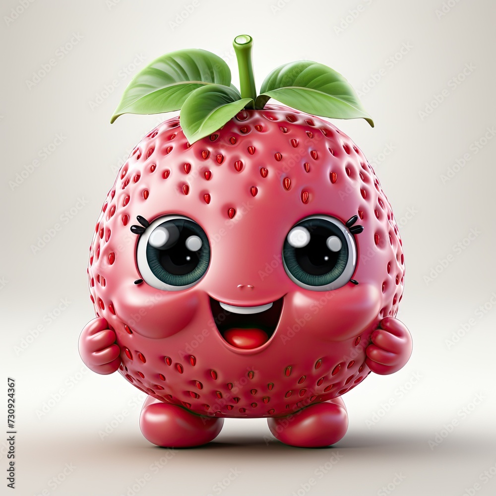 Fototapeta premium Stylized 3D illustration of a friendly cartoon character strawberry. Cute 3D art strawberry character print on clothes, stationery, books, children's products, printing on juice and yogurt packaging.
