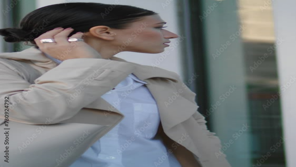 Girl received message going work closeup. Woman looking telephone vertically Girl received message going work closeup. Woman looking telephone vertically