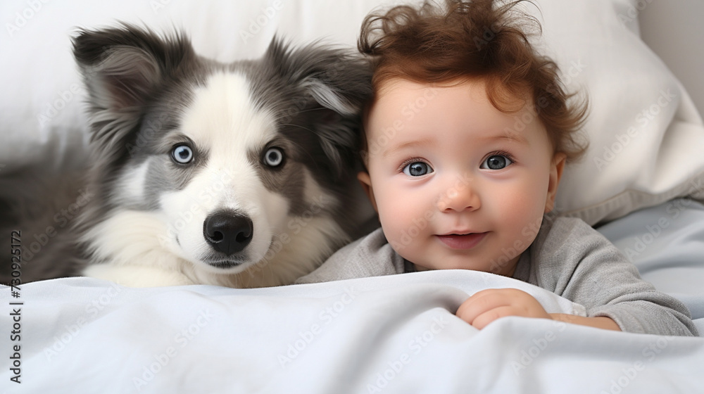 Small child lies on a bed with a dog. Dog and cute baby childhood friendship. Little boy and Dog
Small child lies on a bed with a dog. Dog and cute baby childhood friendship. Little boy and Dog