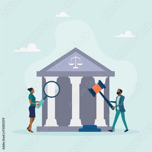 Law and justice concept. Scales of justice, judge's building and judge's gavel. Supreme Court. People near the courthouse are holding a magnifying glass and a hammer. Flat cartoon style. Vector illust