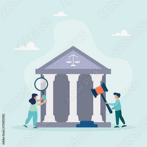Law and justice concept. Scales of justice, judge's building and judge's gavel. Supreme Court. People near the courthouse are holding a magnifying glass and a hammer. Flat cartoon style. Vector illust