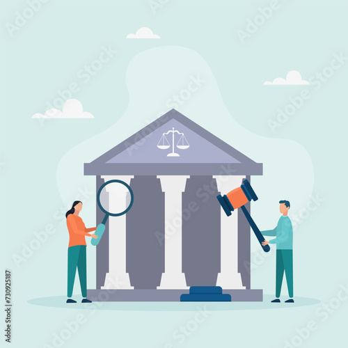 Law and justice concept. Scales of justice, judge's building and judge's gavel. Supreme Court. People near the courthouse are holding a magnifying glass and a hammer. Flat cartoon style. Vector illust