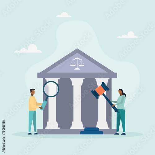Law and justice concept. Scales of justice, judge's building and judge's gavel. Supreme Court. People near the courthouse are holding a magnifying glass and a hammer. Flat cartoon style. Vector illust photo