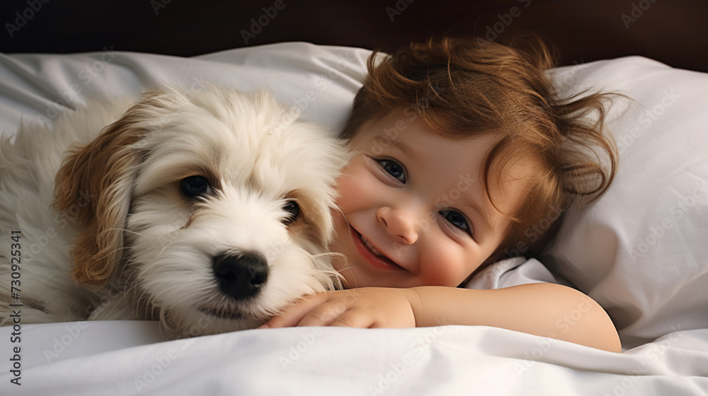 Small child lies on a bed with a dog. Dog and cute baby childhood friendship. Little boy and Dog
Small child lies on a bed with a dog. Dog and cute baby childhood friendship. Little boy and Dog