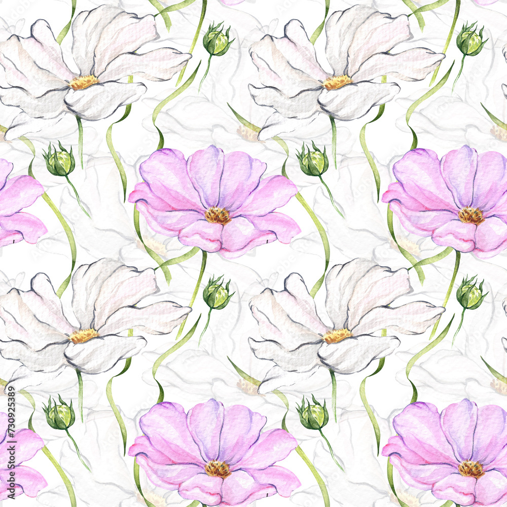 Obraz premium Watercolor seamless pattern with white and pink flowers. Hand drawn print with daisies and greenery, grass. Design and design of packaging, wallpaper, wrapping paper, textiles.