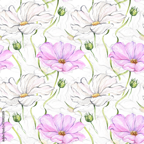 Watercolor seamless pattern with white and pink flowers. Hand drawn print with daisies and greenery, grass. Design and design of packaging, wallpaper, wrapping paper, textiles.