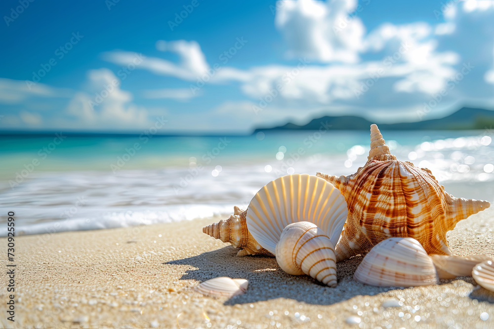 Landscape with seashells on tropical beach - summer holiday