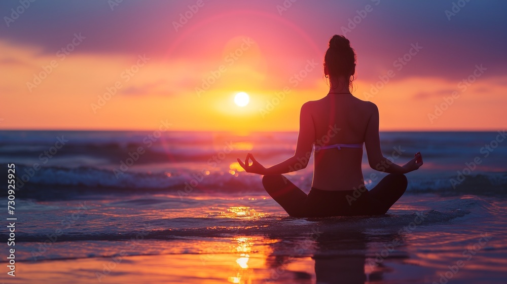 Woman practices yoga and meditates on the beach