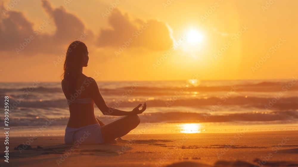 Woman practices yoga and meditates on the beach Woman practices yoga and meditates on the beach