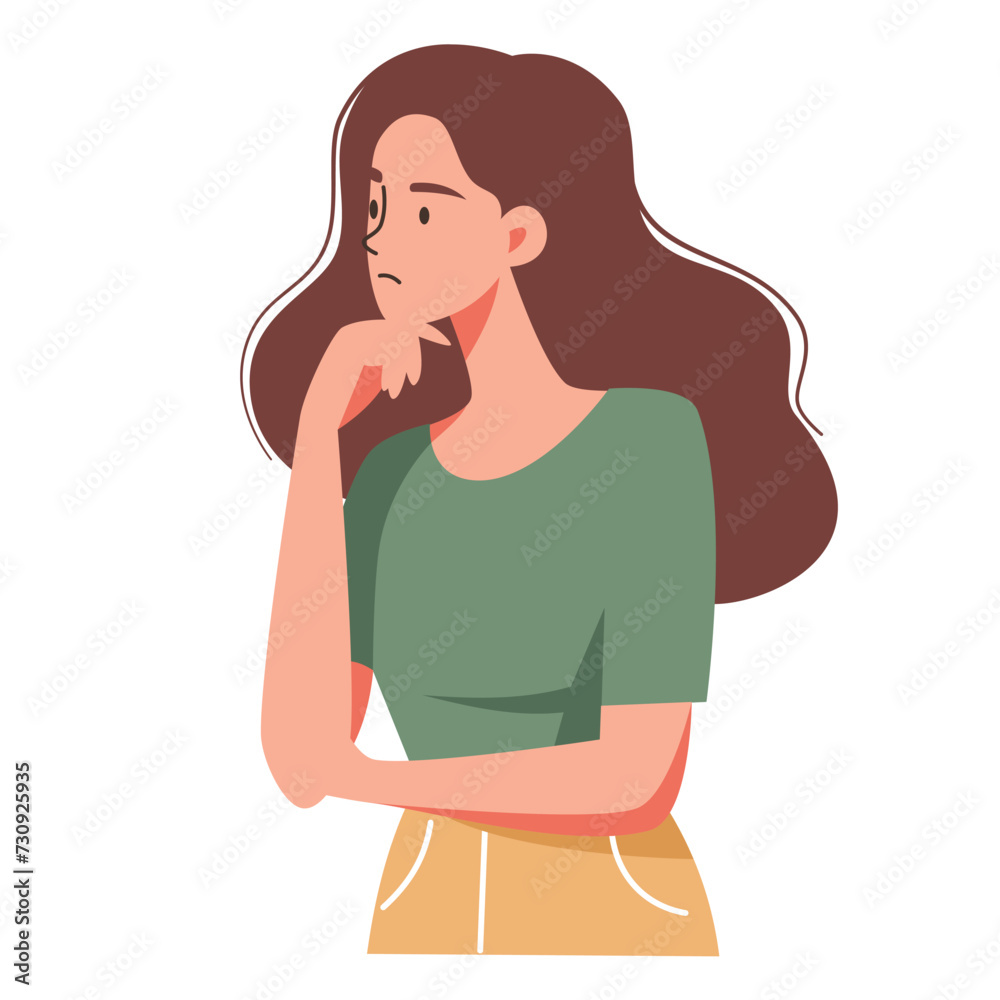 Flat vector illustration. Woman stands in a pensive pose and thinks over the question. Vector illustration Flat vector illustration. Woman stands in a pensive pose and thinks over the question. Vector illustration